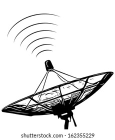 Satellite dish black transmission data on background white, vector illustration