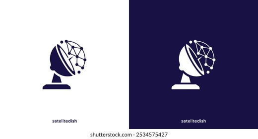 Logotipo da conexão do prato do satélite. Pontos de sinal de prato de satélite conectar com estilo minimalista. Logotipo Parabólico, Ícone, Símbolo, Vetor, Inspiração Design.