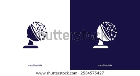 Satellite Dish Connection Logo. Satellite Dish Signal Dots Connect with Minimalist Style. Parabolic Logo, Icon, Symbol, Vector, Design Inspiration.