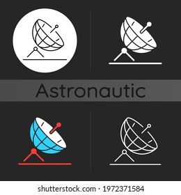 Satellite dish dark theme icon. Modern antenna which uses radiowaves. Technology which receives or transmit data. Linear white, simple glyph and RGB color styles. Isolated vector illustrations