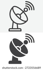 Conjunto de iconos de estilo diferente de antena parabólica con ondas de señal. Línea, contorno y símbolo de Vector de icono sólido y símbolo. Icono de Vector de trazo editable para transmisión y recepción de TV.