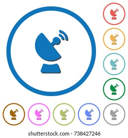 Satellite dish flat color vector icons with shadows in round outlines on white background