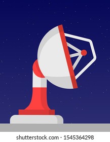 Satellite dish flat vector illustration. Radio antenna on blue background. Wireless transmitter design element. Modern telecommunications device. Contemporary space observatory equipment
