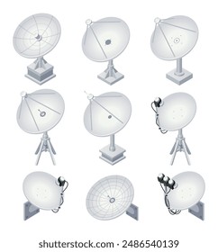 Satellite dish global cyberspace connection digital information receiver set isometric vector illustration. Multimedia radio receiver worldwide broadcasting technology wireless station with antenna