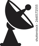 Satellite dish icon, black vector of communication antenna group in flat style, radar signal transmitter receiver symbols, wireless broadcast network element isolated on transparent background.