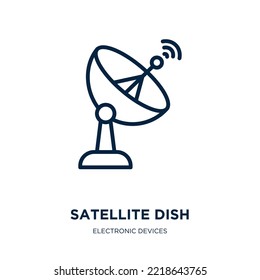 icono de antena parabólica de la colección de dispositivos electrónicos. Disfraz satelital lineal delgado, satélite, icono de contorno de platillos aislado en fondo blanco. Señal de antena parabólica vectorial de línea, símbolo para web y 