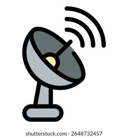 Ilustração em estilo de linha plana de ícone de antena de satélite representando transmissão de sinal e comunicação global, adequado para projetos de telecomunicações, radiodifusão e tecnologia espacial