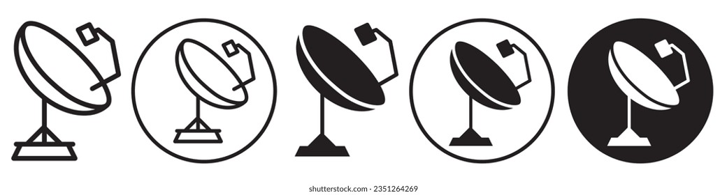 Satellite dish icon. Flat symbol of television communication through transmitting radio signal to the radar receiver to broadcast channel digitally. Vector set of telescope antenna to connect tv sat