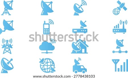 Satellite dish icons, communication technology, signal transmission, broadcasting equipment, network antennas.