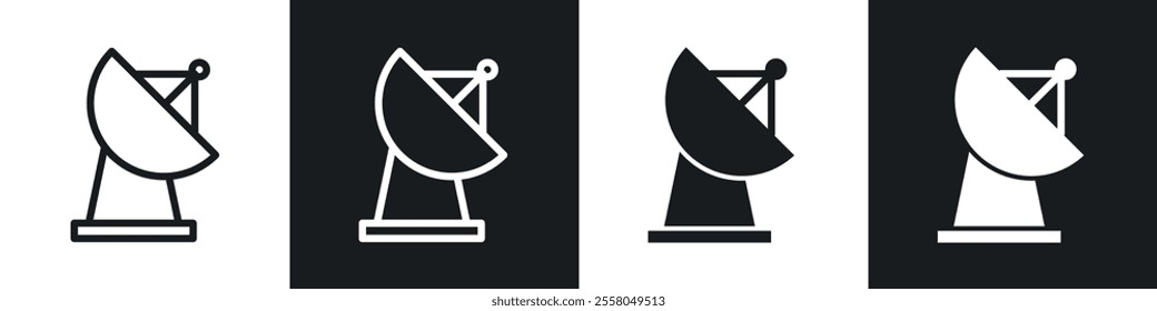 Satellite dish icons pack in black and white filled and outlined versions.