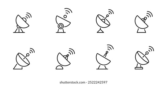 Conjunto de ícones parabólicas. Coleção de símbolos de antenas. Antena parabólica, antenas vetor ícones de contorno. Vetor