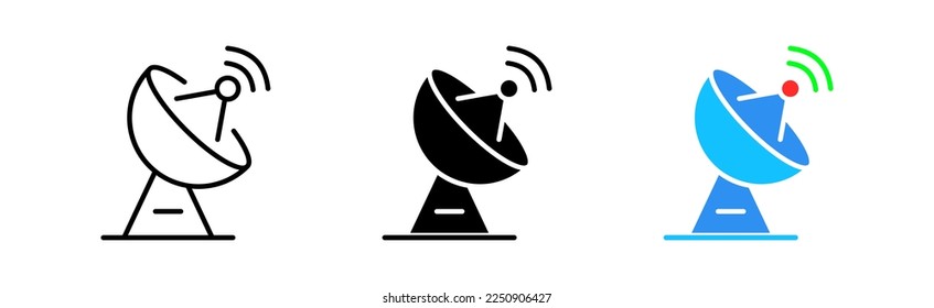 Satellite dish icons set. News, broadcast, satellite, communication, network, technology, synchronization, wireless, waves, signal. Media concept. Vector line icon in different styles