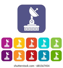 Satellite dish icons set vector illustration in flat style in colors red, blue, green, and other