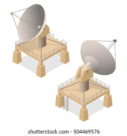 Satellite Dish Isometric View. Vector isometric radio telescope isolated on white background. Antenna or Radar icons for broadcasting or space worldwide. Media or internet, tv 