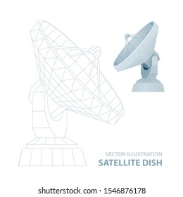 Satellite dish. Mesh line and realistic radio telescope vector illustrations set. Parabolic satellite dish. Part of set.