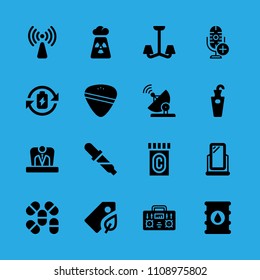 satellite dish, microphone, mirror, boss, tag, chandelier, radio, radiation and pipette vector icon. Simple icons set
