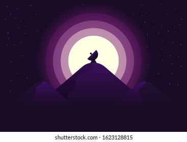 satellite dish on mountain, night landscape and transmitter technology concept vector graphic