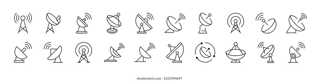 Coleção de ícones da linha da Web do esboço do prato do satélite. Traço editável. Pictograma Linear Minimalista para Design de Cartões, Aplicativos, Banners, Posts