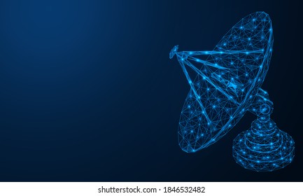 Satellite dish. Radar means of receiving and sending a signal. A polygonal grid of concatenated lines and points. Blue background.