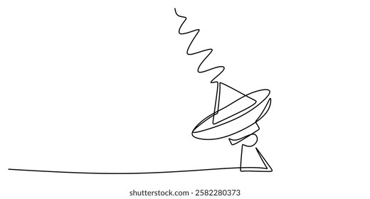 Satellite dish sending signals into space in continuous line drawing. Representation of global communication, technology, and connectivity. Vector illustration hand drawn.