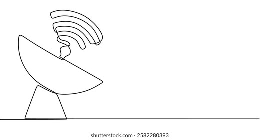 Satellite dish sending signals into space in continuous line drawing. Representation of global communication, technology, and connectivity. Vector illustration hand drawn.