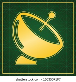 Satellite dish sign. Golden icon with gold contour at dark green gridded white background. Illustration.