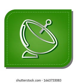 Satellite dish sign. Silver gradient line icon with dark green shadow at ecological patched green leaf. Illustration.