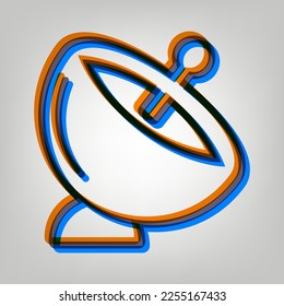 Satellite dish sign. Stroked Icon in orange, azure and old lavender Colors at gray Background. Illustration.