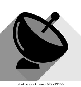 Satellite dish sign. Vector. Black icon with two flat gray shadows on white background.
