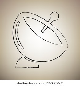 Satellite dish sign. Vector. Brush drawed black icon at light brown background.