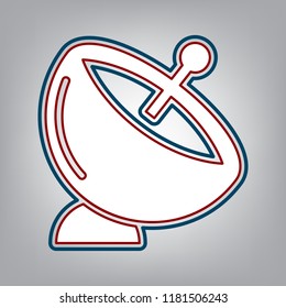 Satellite dish sign. Vector. Dark red, transparent and midnight green stroke of white icon at grayish background.