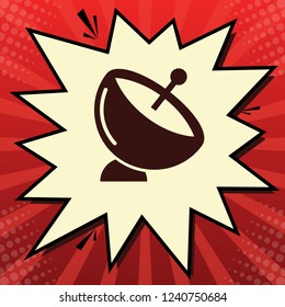 Satellite dish sign. Vector. Dark red icon in lemon chiffon shutter bubble at red popart background with rays.