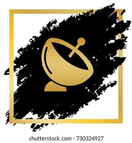 Satellite dish sign. Vector. Golden icon at black spot inside golden frame on white background.