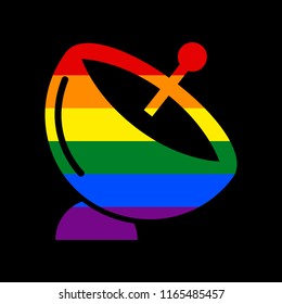 Satellite dish sign. Vector. Icon with colors of LGBT flag at black background.