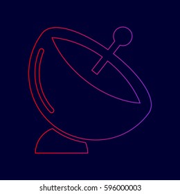 Satellite dish sign. Vector. Line icon with gradient from red to violet colors on dark blue background.