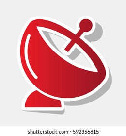 Satellite dish sign. Vector. New year reddish icon with outside stroke and gray shadow on light gray background.