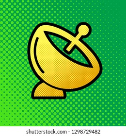 Satellite dish sign. Vector. Pop art orange to yellow dots-gradient icon with black contour at greenish background.