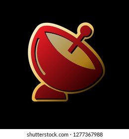 Satellite dish sign. Vector. Red icon with small black and limitless shadows at golden sticker on black background.