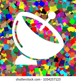 Satellite dish sign. Vector. White icon on colorful background with seamless pattern from squares.