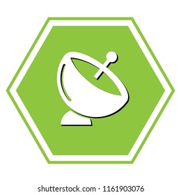 Satellite dish sign. Vector. White icon with black shadow at yellow green honeycomb on white background.