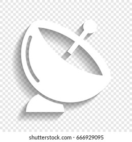Satellite dish sign. Vector. White icon with soft shadow on transparent background.