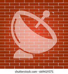 Satellite dish sign. Vector. Whitish icon on brick wall as background.