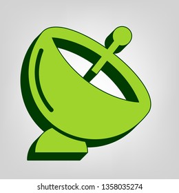 Satellite dish sign. Vector. Yellow green solid icon with dark green external body at light colored background.