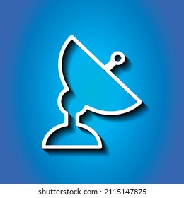 Icono simple de antena parabólica. Diseño plano. Icono blanco con sombra sobre fondo azul.ai