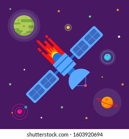 a satellite dish in space among the planets transmits data to the earth. flat vector illustration.