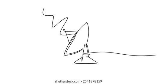 Satellite dish in space communication in continuous one line drawing. Minimalist design of technology for space exploration.