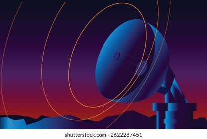 Satellite dish transmits and receives radio frequency signals in a graphic style, sci-fi, cyberpunk, blue and red tones.