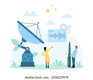 Satellite dish, transmitter communication station vector illustration. Cartoon tiny people receive or transmit signal of radio waves by parabolic antenna, woman and man work with equipment and charts