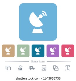 Satellite dish white flat icons on color rounded square backgrounds. 6 bonus icons included
