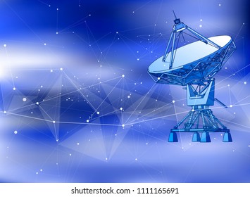 Satellite Dishes Antenna - doppler radar, digital wave and blue technology background - abstract illustration of science, astronomy, information technology, network solutions  and digital technologies